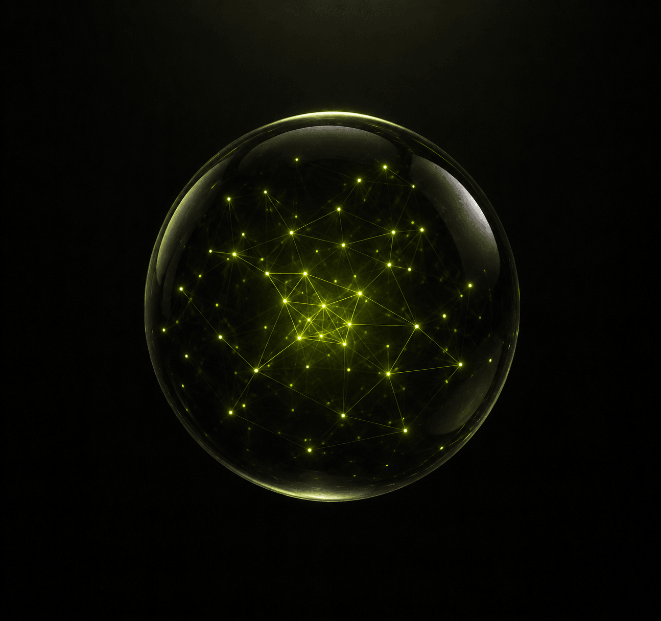 Glass sphere holding a constellation of lime nodes