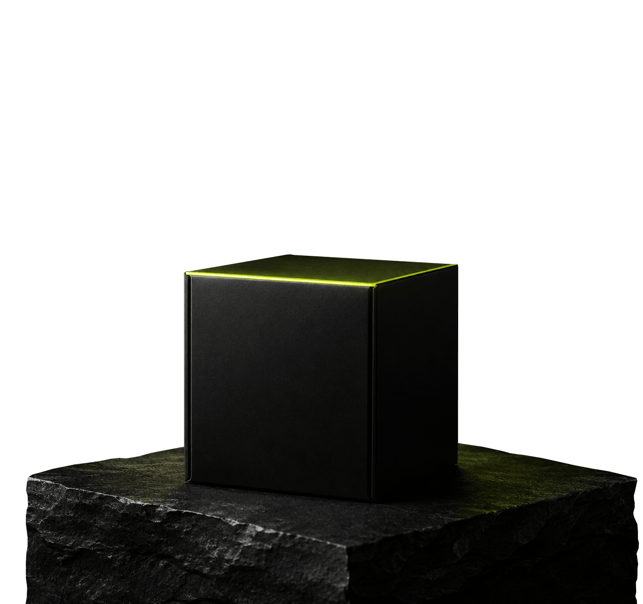 Matte black product box lit by a lime rim light