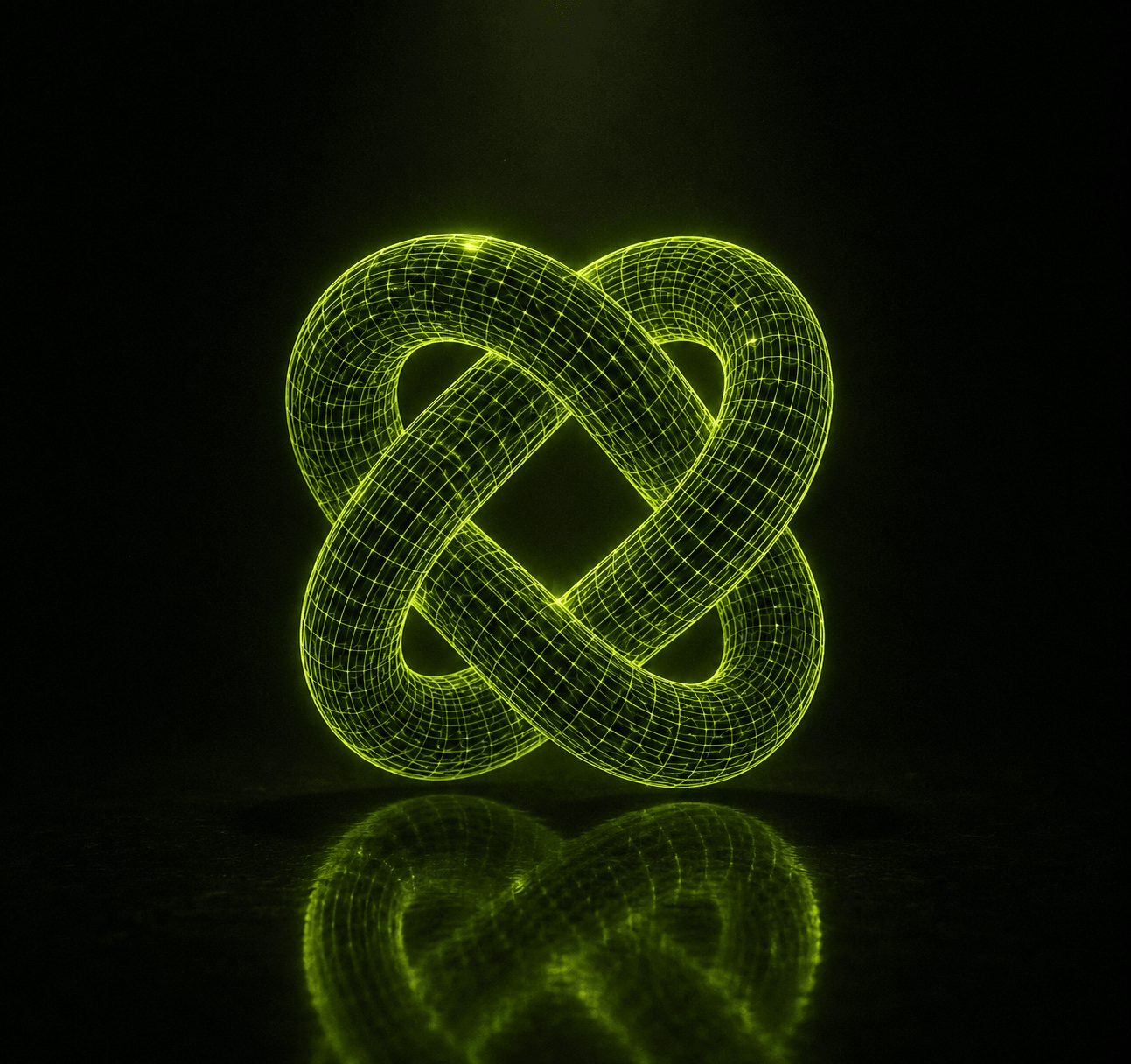 Glowing lime wireframe torus knot floating in the dark