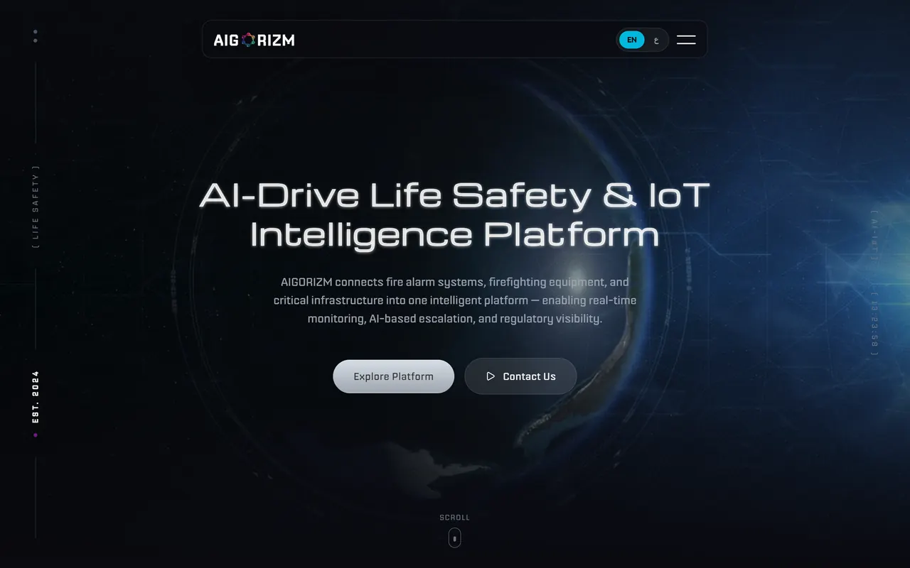 The AIGORIZM platform site for AI life-safety and IoT monitoring.