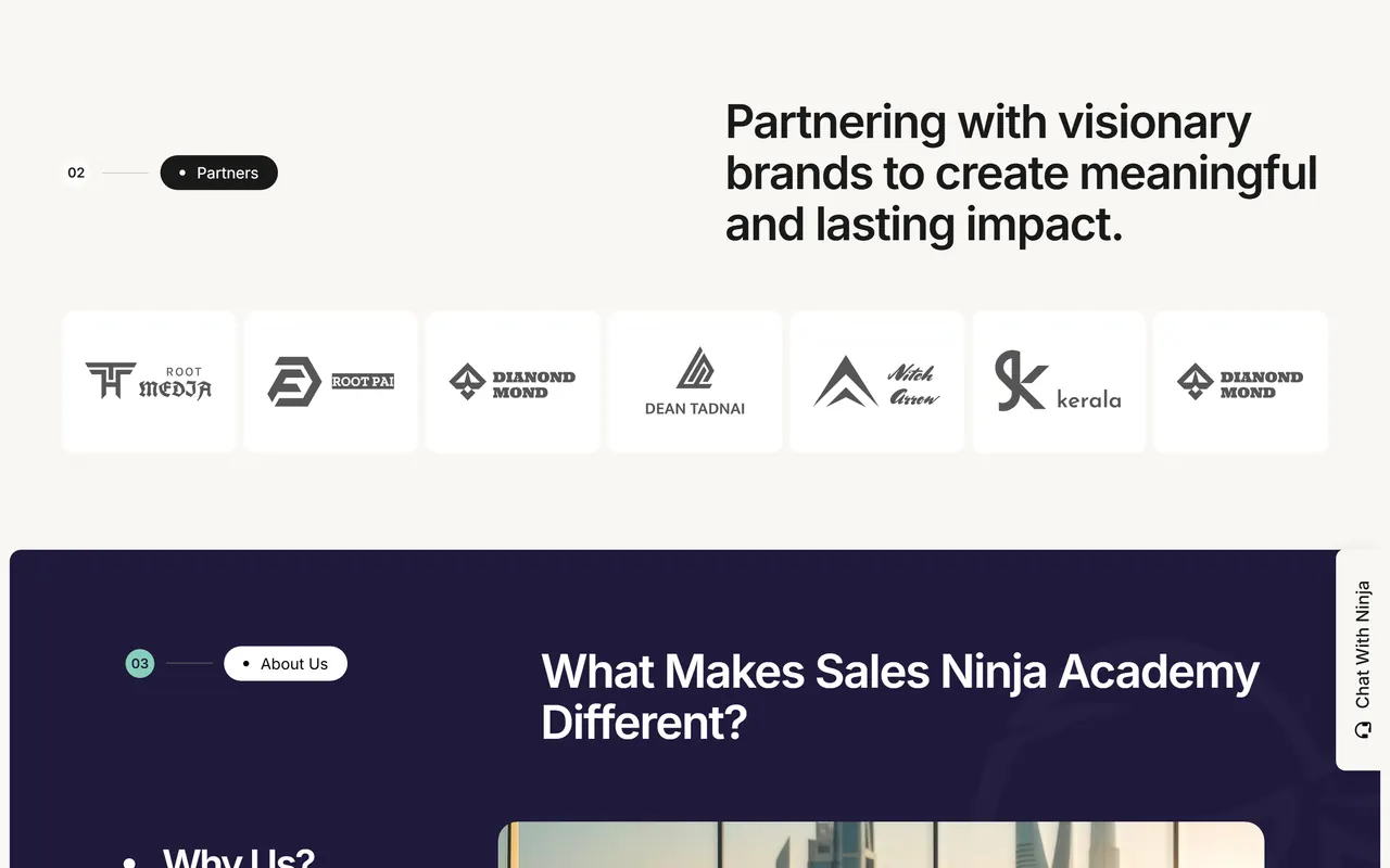 Sales Ninja Academy, the section below the fold.
